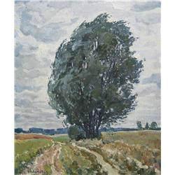 W. Hobak (Russian (?), 20th Century) Windswept Tree in Rural Landscape