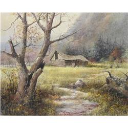 Victor Santos (Canadian, 1934-2003) Derelict Barn in Wooded Landscape