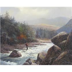 Victor Santos (Canadian, 1934-2003) Fishing by Hiking Trail