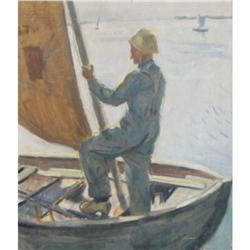 Hilkier Danish, oil, Man by Sailboat Mast