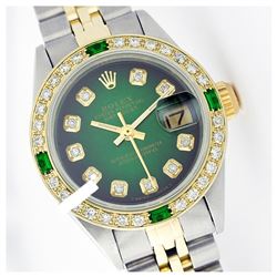 Rolex Men's Two Tone 14K Gold/SS, QuickSet, Diam Dial & Diam/Emerald Bezel - REF-557X2Y