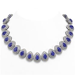 121.42 ctw Sapphire & Diamond Victorian Necklace 14K White Gold - REF-3331A5N