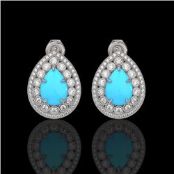 7.54 ctw Turquoise & Diamond Victorian Earrings 14K White Gold - REF-218X2A