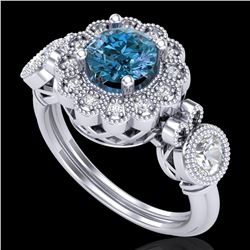 1.5 ctw Intense Blue Diamond Art Deco 3 Stone Ring 18k White Gold - REF-218W2H