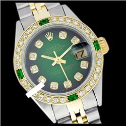 Rolex Men's Two Tone 14K Gold/SS, QuickSet, Diam Dial & Diam/Emerald Bezel