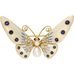 Diamond, Sapphire, Cult.Pearl, Ruby, Gold Brooch