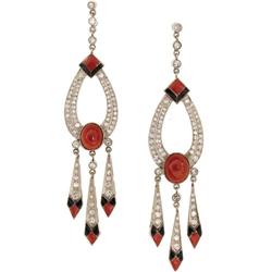Diamond, Coral, Enamel, Platinum Earrings