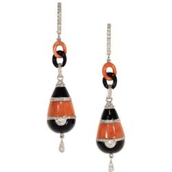 Coral, Black Onyx, White Gold Earrings
