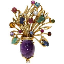 Multi-Stone, Cultured Pearl, Gold Pendant-Brooch