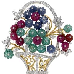 Diamond, Ruby, Sapphire, Emerald, Gold Brooch