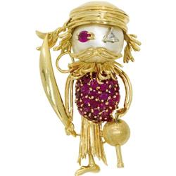 Ruby Diamond Mabe Pearl Gold Pirate Clip-Brooch