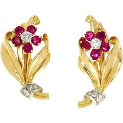 Ruby, Diamond, Gold Flower Earrings