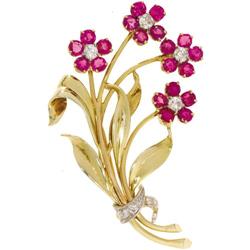 Diamond, Ruby, Gold Flower Brooch