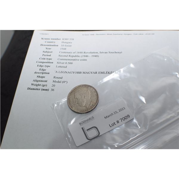 HUNGARY 10 FORINT 1948 COIN 50% SILVER
