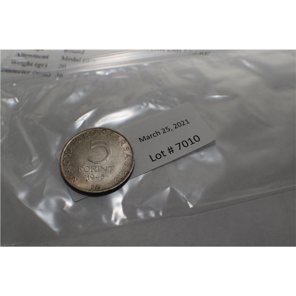 HUNGARY 5 FORINT 1948 COIN 50% SILVER