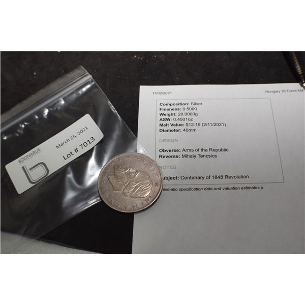 HUNGARY 20 FORINT 1948 COIN 50% SILVER