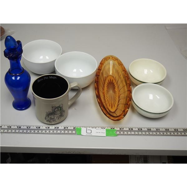 RESTAURANT WARE BOWL, COLORED GLASS, & BASS PRO COFFEE CUP