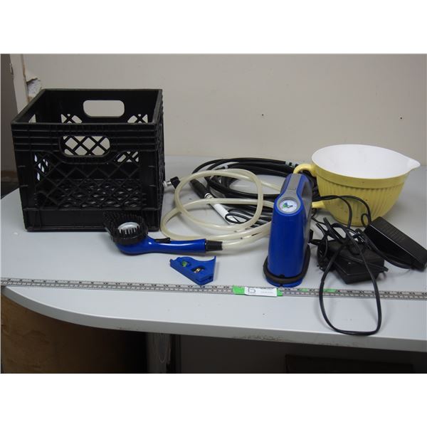 PLASTIC CRATE WITH PORTABLE AIR COMPRESSOR, PLASTIC PITCHER, CON AIR PET BRUSH & MISC