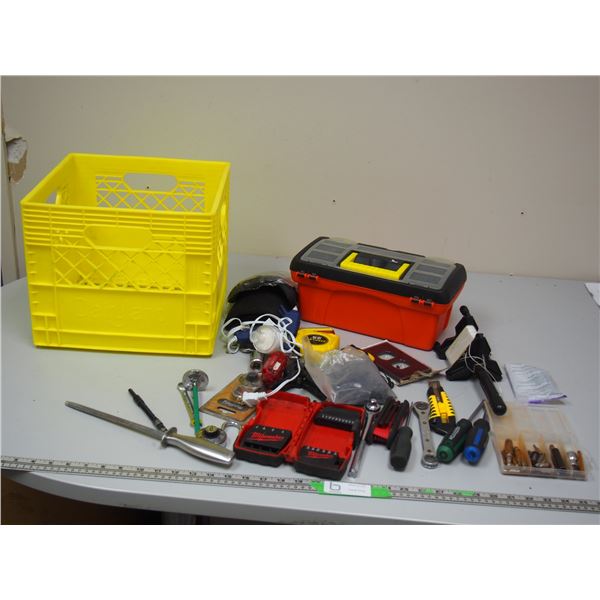 DAIRYLAND PLASTIC CRATE, PLUS HAND TOOLS & MISC