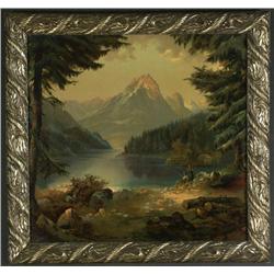 CHROMOLITHOGRAPH FISHING MOUNTAIN LAKE GILT FRAME