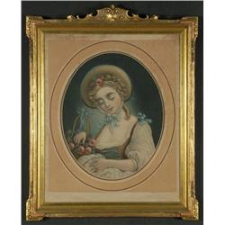 HANDCOLORED LITHOGRAPH ANTIQUE MAIDEN WITH ROSES