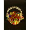 Image 2 : Art glass hand blown basket shaped bowl with a clear knobbed handle and a yellow, blue, and red spac