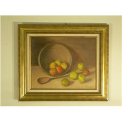 Oil on canvas, still life, apples in a bowl, signed ''Heinrich '85,'' in a gilt frame