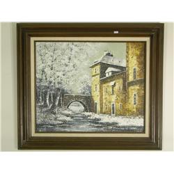 Oil on canvas, wintry castle scene, signed, in a wood frame