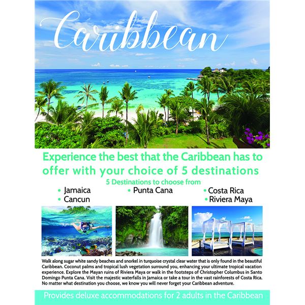 Caribbean Vacation for 2, 7 days and 6 nights, Choice of Jamaica/Costa Rica/Cancun or Riviera Maya