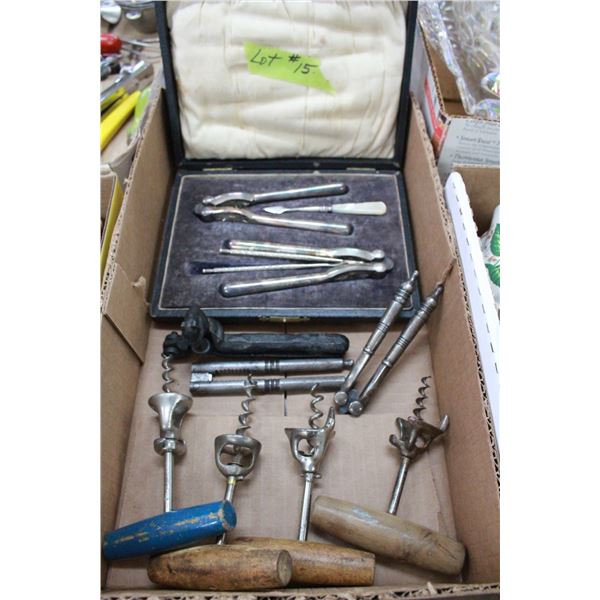 Collection of Nut Crackers (1 is Silver Set) & 4 cork screws