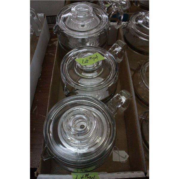 3 - Pyrex Coffee Pots (2 with complete insides)