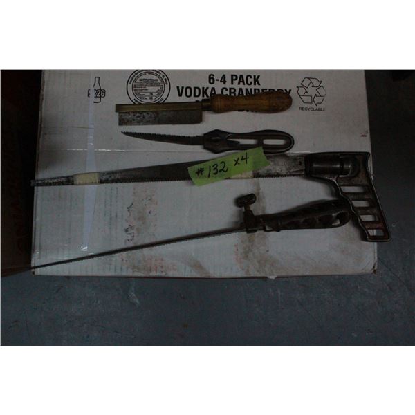 4 - Saws; 3 with metal handles, 1 wooden handle