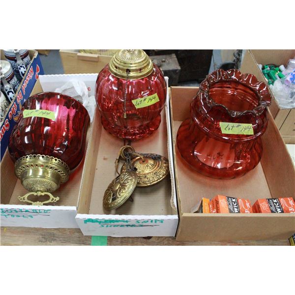 3 Cranberry Lamp Shades with Lamp parts