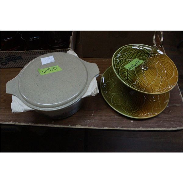 Pyrex Bowl & Lid & Royal Winton 2 Tier Server (leaf design)
