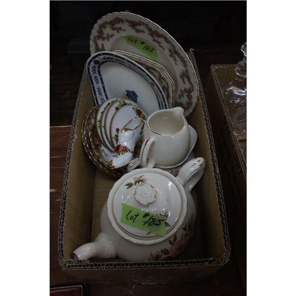 Assorted Dishes, Wedgewood Plates, Royal Albert Saucers, Teapot, Cream Pitcher , etc.