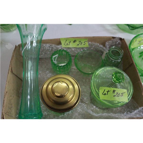 Box of Misc. Green Depression glass Items (6)