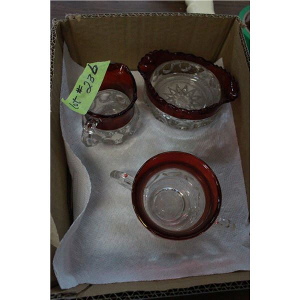Cream & Sugar (Ruby Glass Trim) & Sugar Bowl (Cranberry Trim)