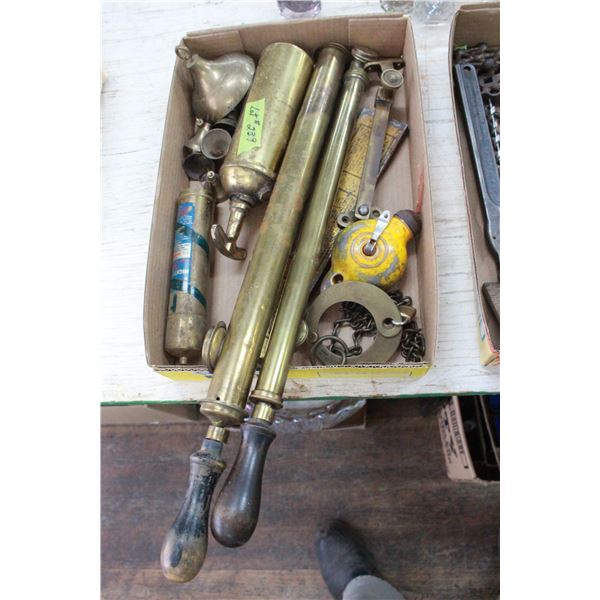 2 Brass Pumps, Brass Fire Ext's., Bell, Chalk Line & misc.