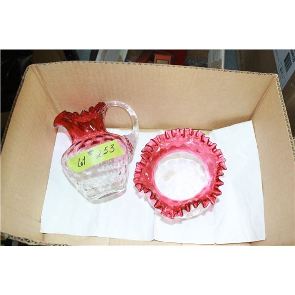 Cranberry Pitcher & Dish - Ruffled Edges