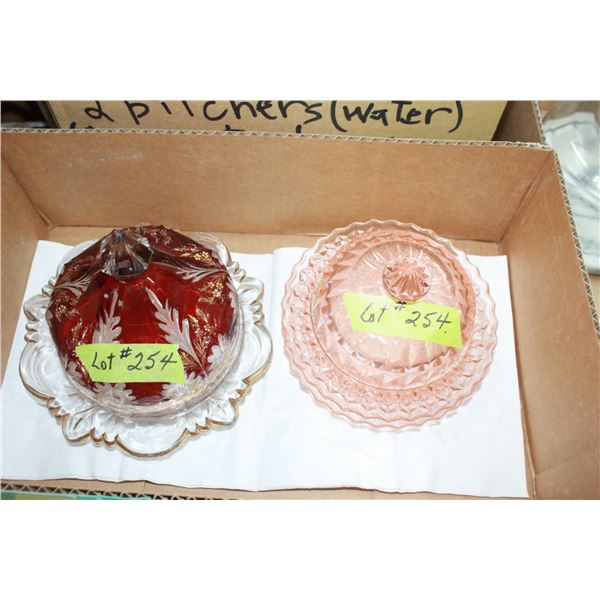 Bohemian Ruby Glass Butter Dish & Cover & 2 Pink Butter Dishes