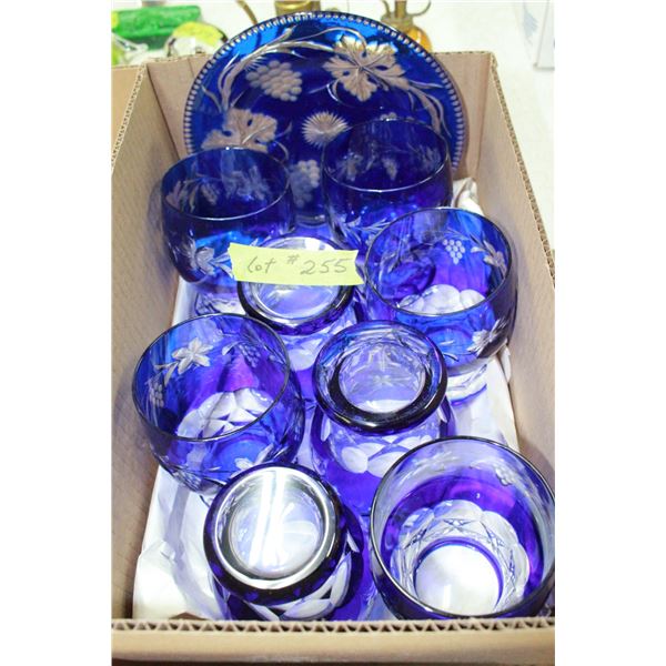 Blue Etched Glass Crystal Glasses (8) & Plate
