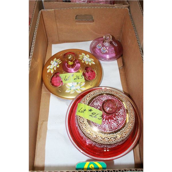4 Pc. Of Colored Glass with Painted Overlays (3 Lids on Bottom)