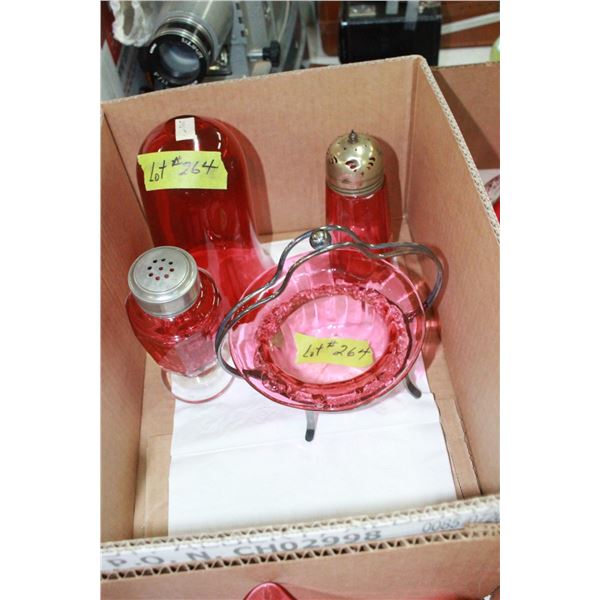 Cranberry Glass - 2 Shakers, Candy Dish in Metal Holder & Rnd Bottom Vase