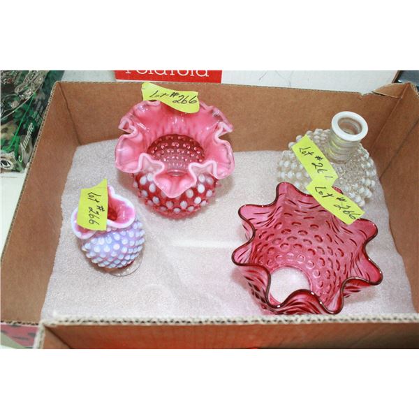 3 Cranberry Glass Items, Hobnail Vases (Fluted Edges) & 1 White Hobnail Vase