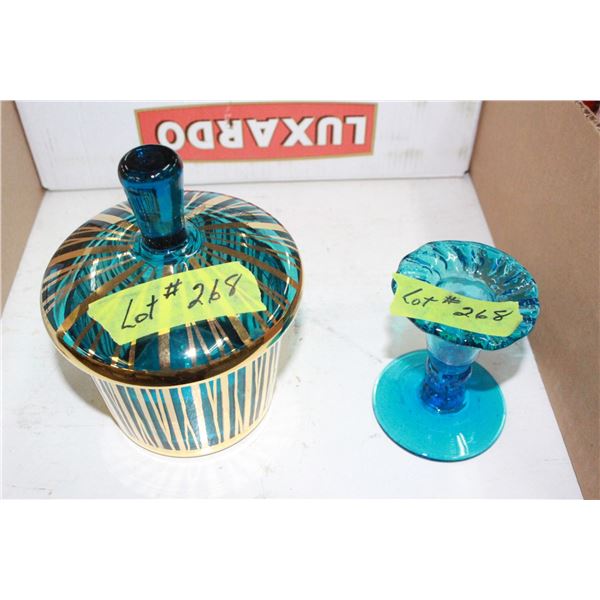 Blue Glass Dishes (2); Covered Dish w/Gold Trim & a Hand-blown Candle Holder