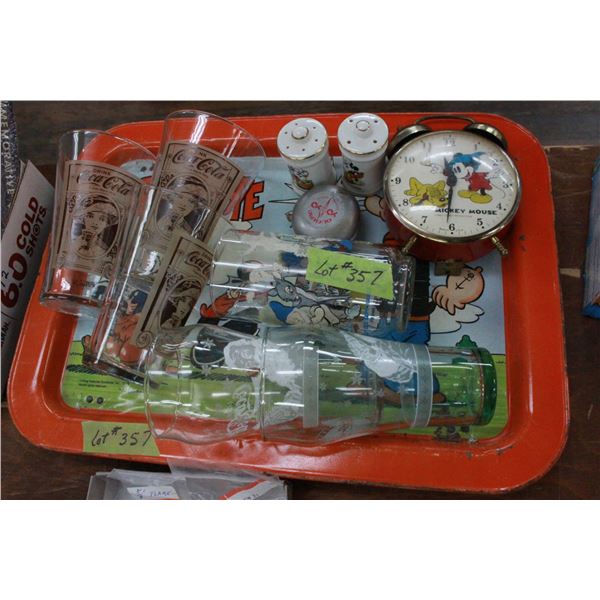 Popeye Tray with Disney Salt & Pepper; Clock; Glass & 5 Coca Cola Glasses
