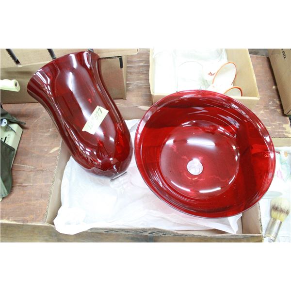2 Large Pieces of Ruby Glass Stemware, Bowl & Vase