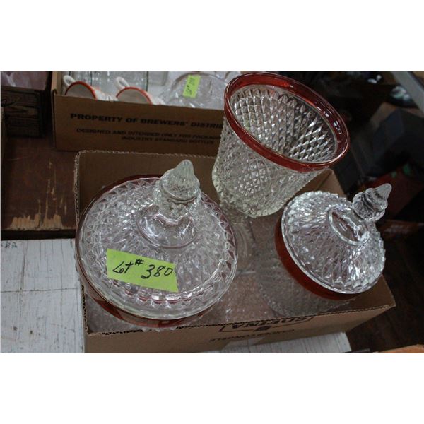 3 Pieces Cranberry Trim ( 2 Stemware, 2 Lids)
