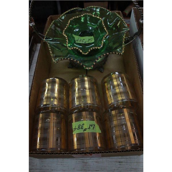 Green Bowl in Metal Holder; Small Green Bowl (footed) & 6 Glasses (gold trim)
