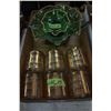 Image 1 : Green Bowl in Metal Holder; Small Green Bowl (footed) & 6 Glasses (gold trim)